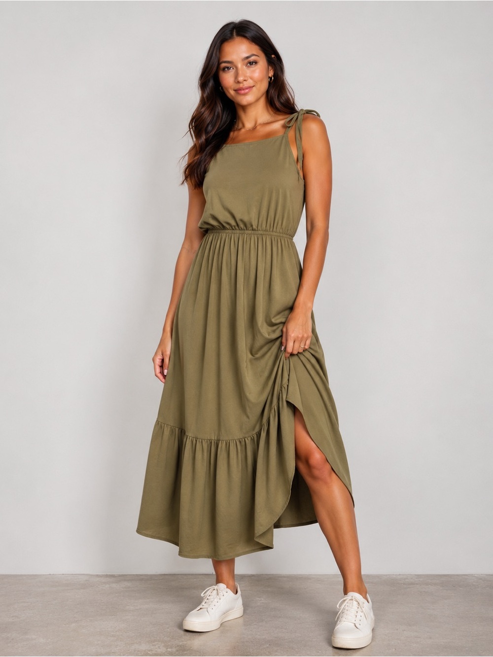 NWT ASOS DESIGN Curve ruched back tiered midaxi sundress in khaki Plus Sz 24